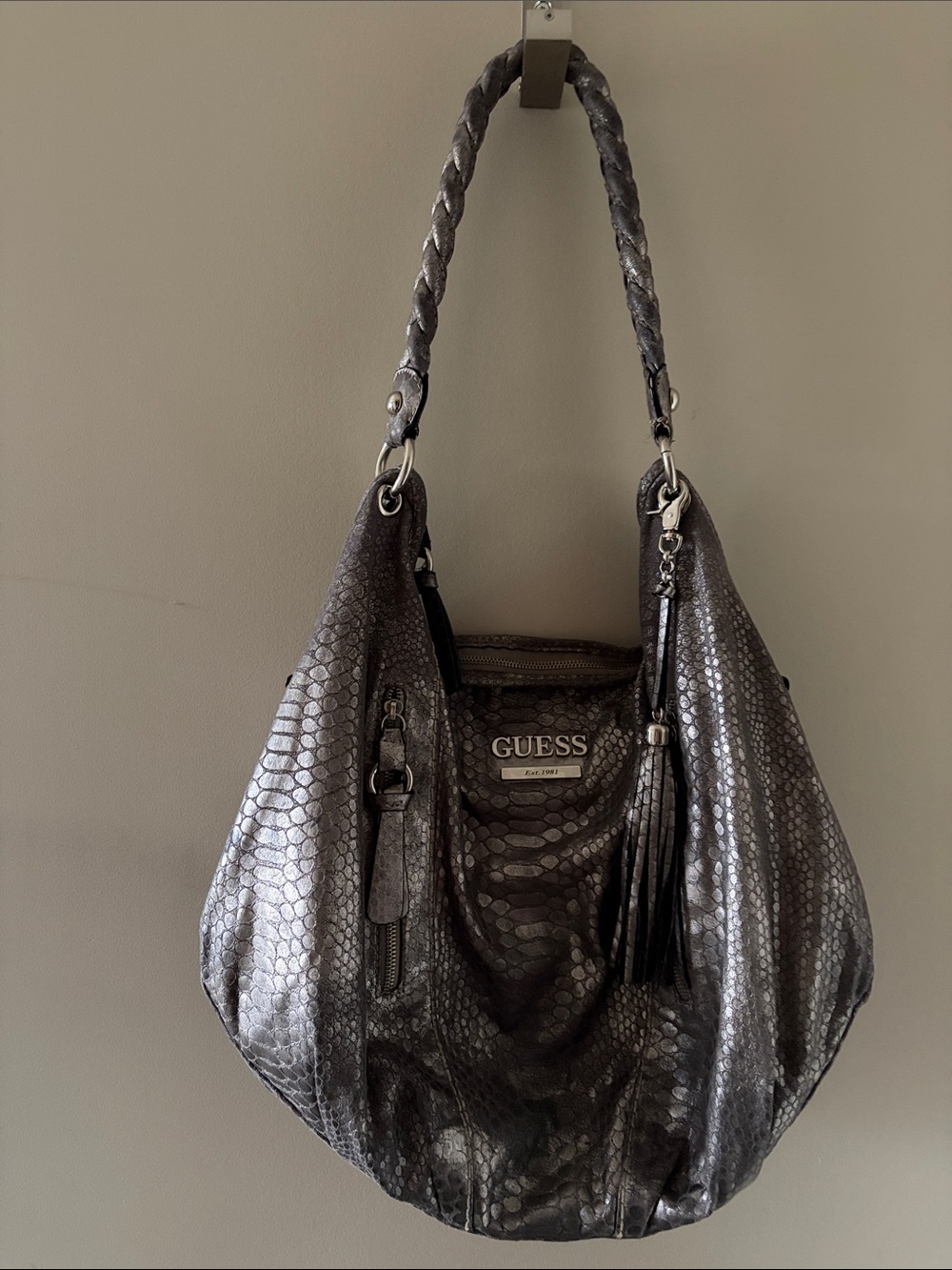 GUESS Metallic Charcoal Snake-Embossed Hobo Bag